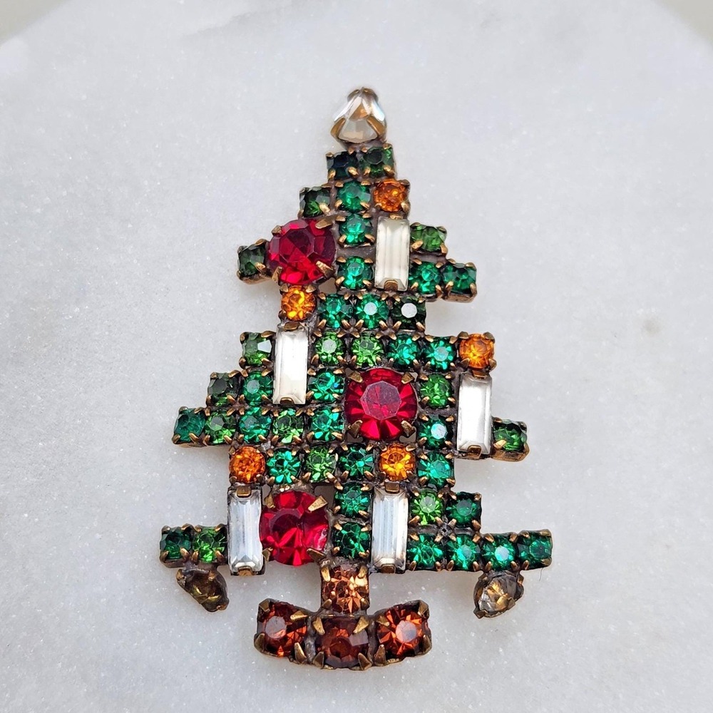 Vintage Weiss Christmas Tree Brooch 5 Candles Rhinestones READ